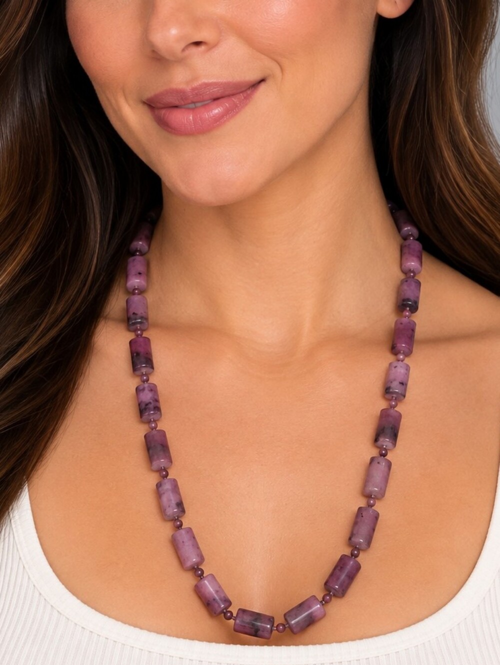 Vintage Mid-century Faux Amethyst Plastic Barrel Knot Beaded Necklace